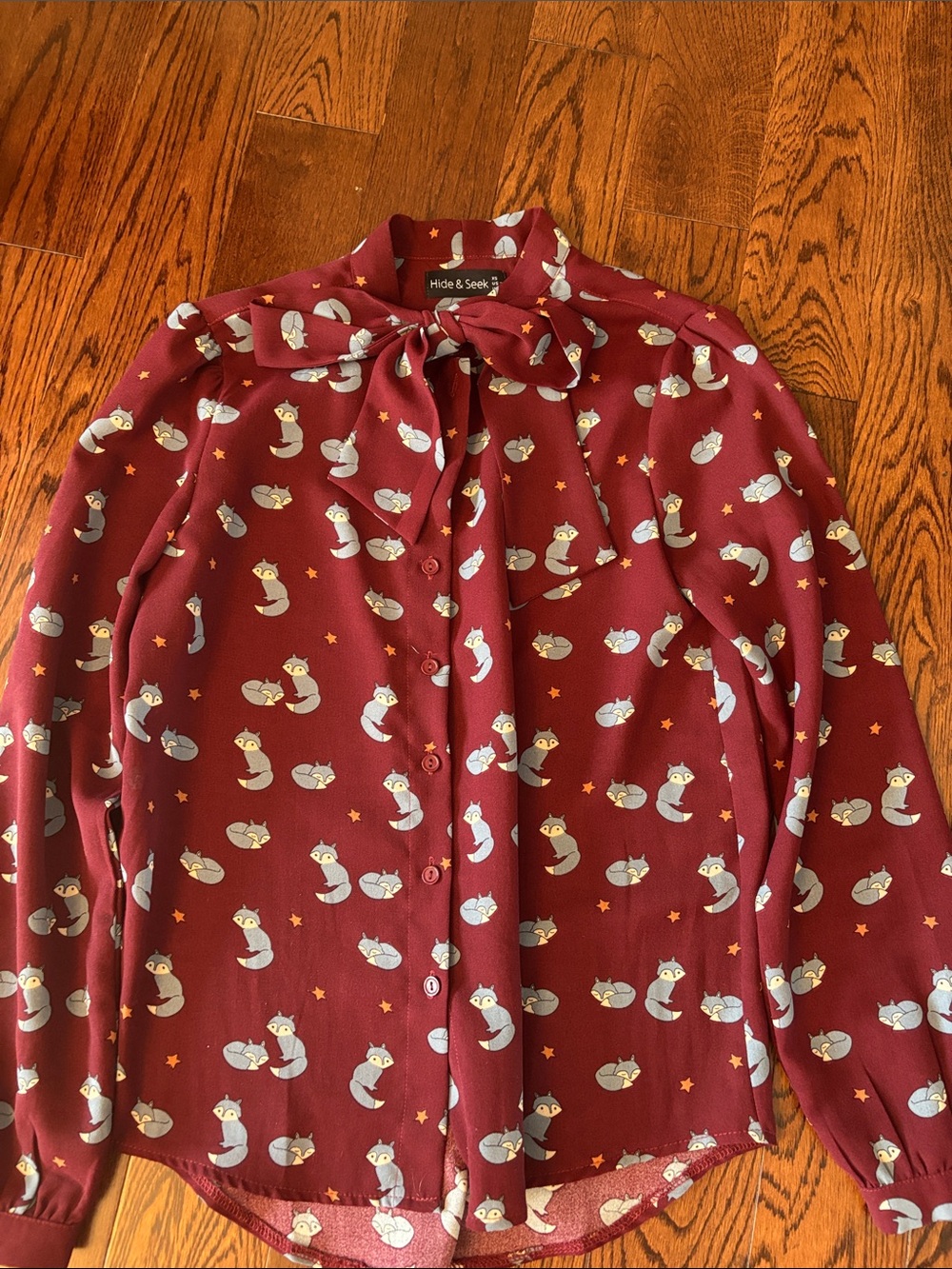 Women's Maroon Fox-Print Bow-Tie Button Down Blouse